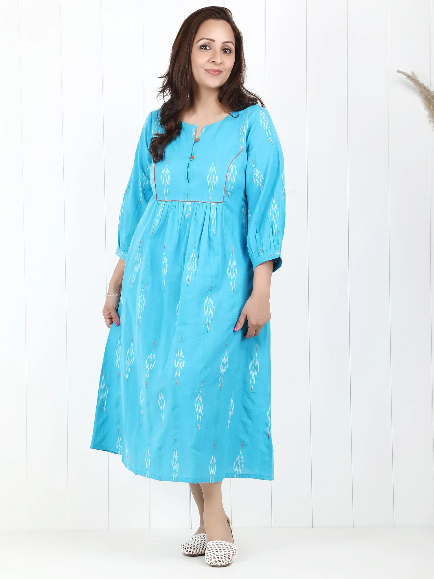 Maira Blue Ikat Cotton Yoke Dress