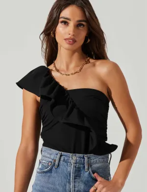 Malena One Shoulder Ruffle Bodysuit, Black