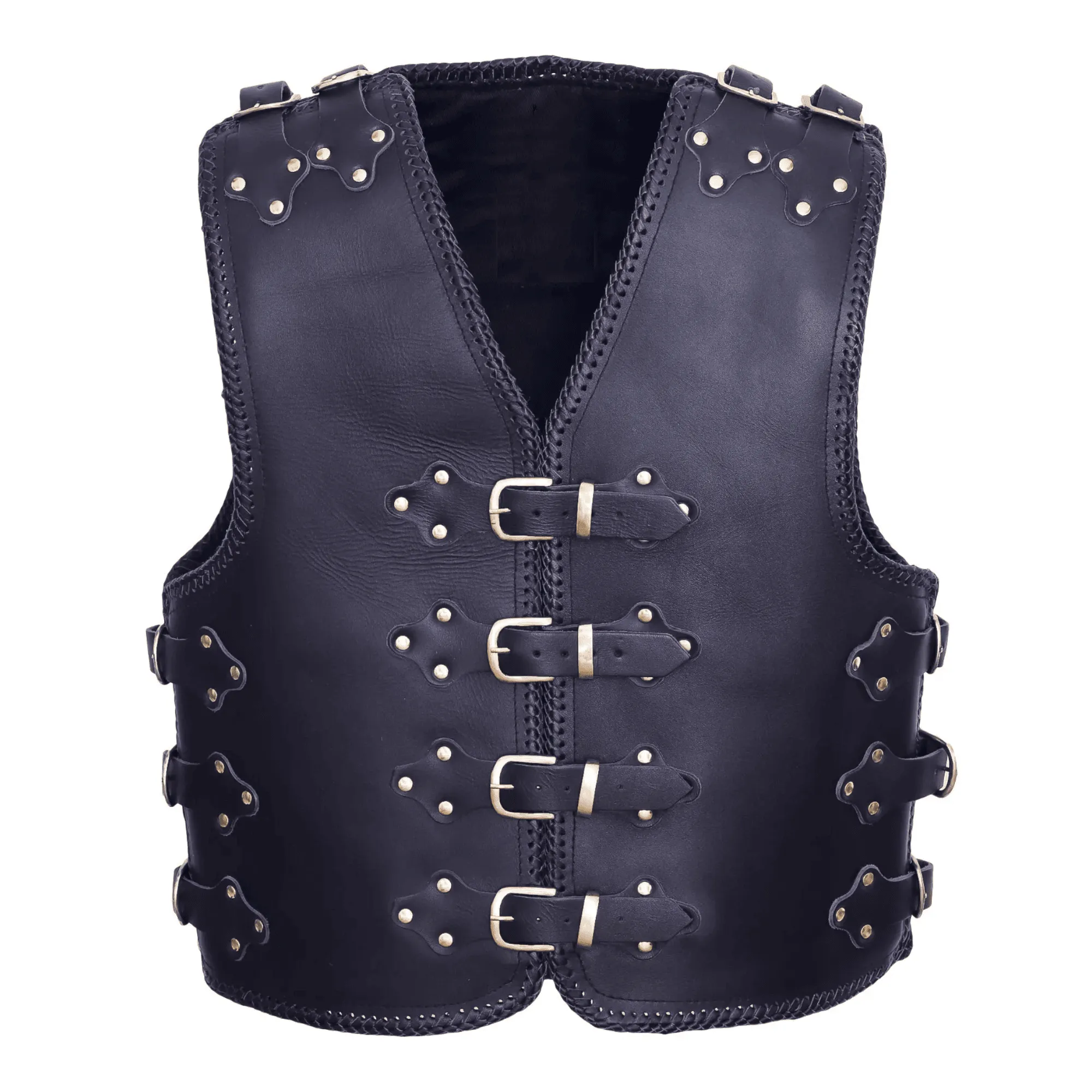 Mens Black Leather Vest with Buckles