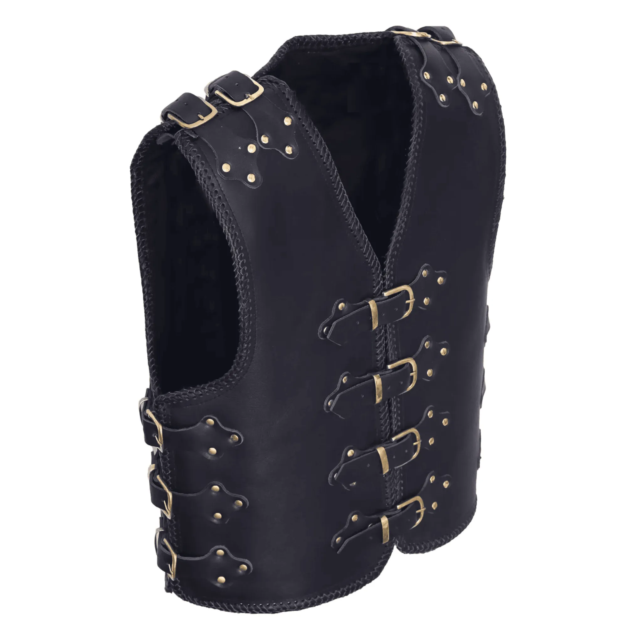 Mens Black Leather Vest with Buckles