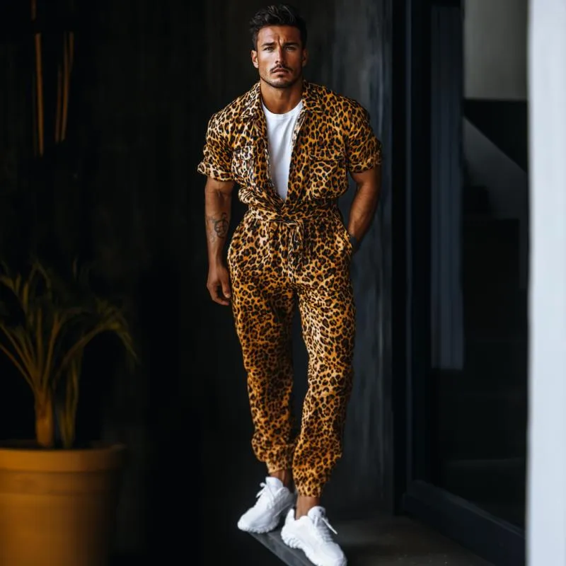 Men's Fashion Casual Leopard Print Satin Jumpsuit 54908108K