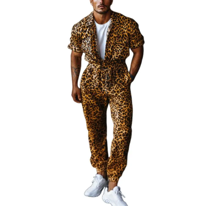 Men's Fashion Casual Leopard Print Satin Jumpsuit 54908108K