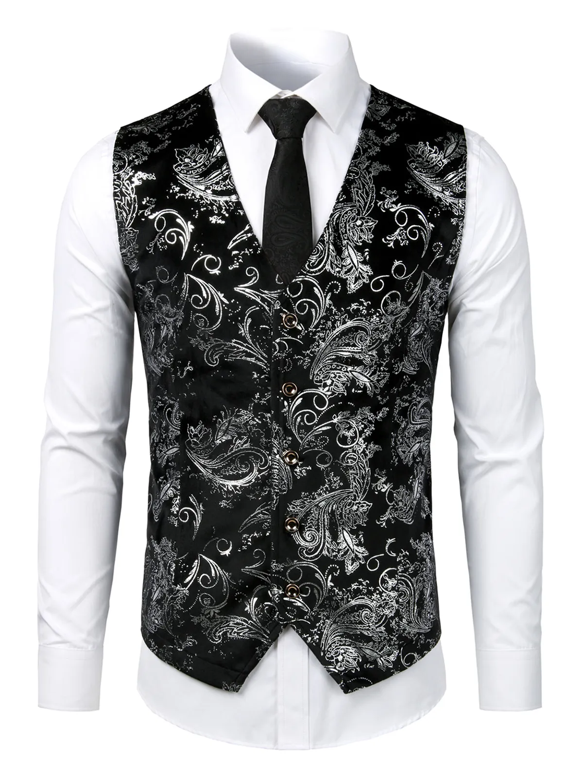 Mens Hipster Metallic Paisley Printed Single Breasted V-Neck Suit Vest/Tuxedo Waistcoat