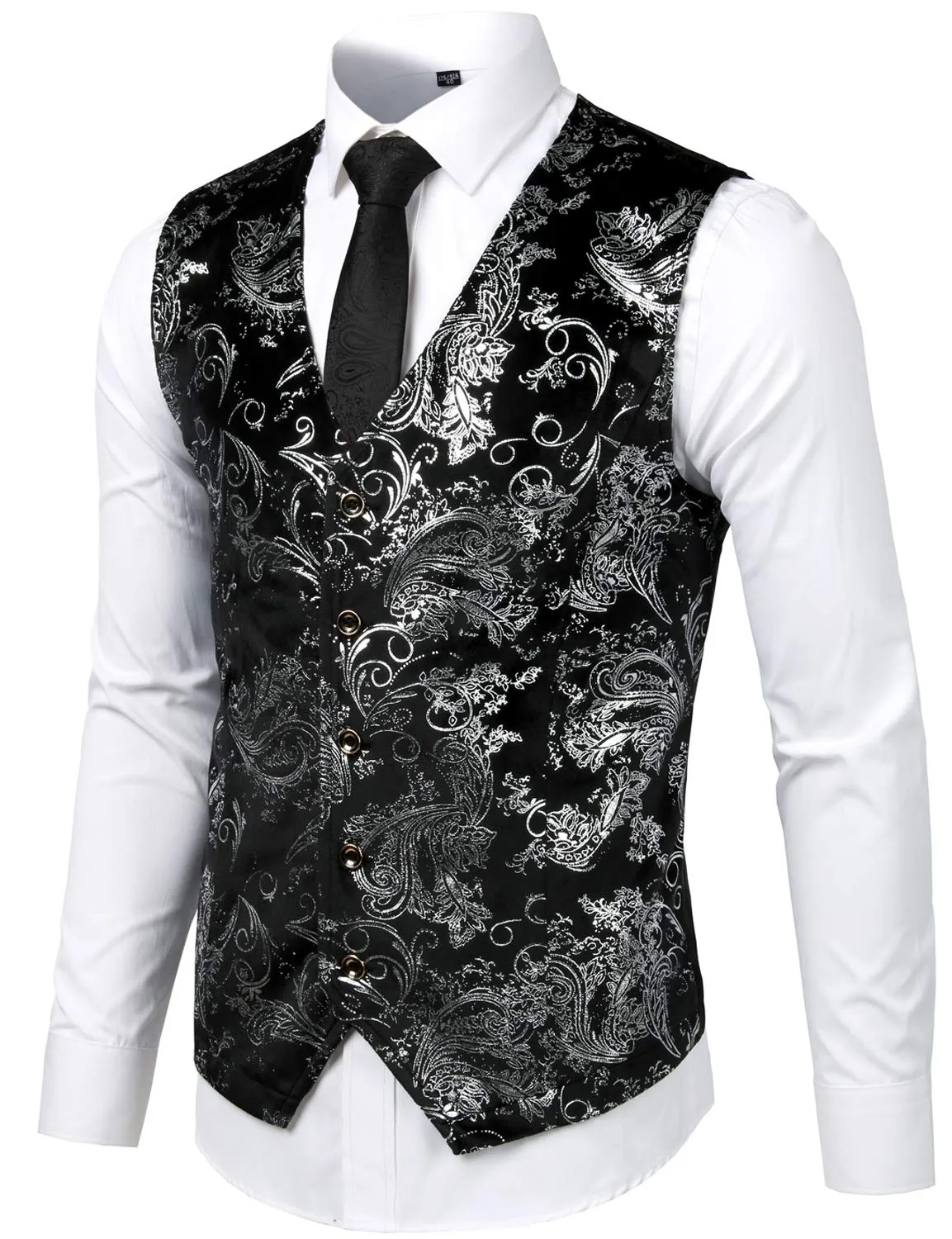 Mens Hipster Metallic Paisley Printed Single Breasted V-Neck Suit Vest/Tuxedo Waistcoat