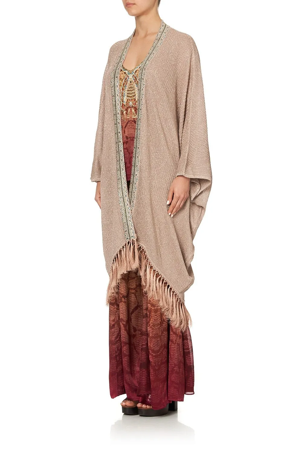 Metallic Knit Poncho W/ Tassels- Coastal Treasure