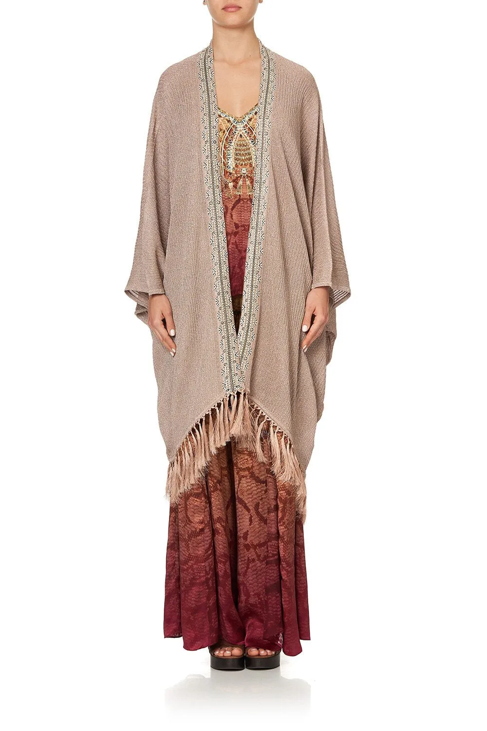 Metallic Knit Poncho W/ Tassels- Coastal Treasure