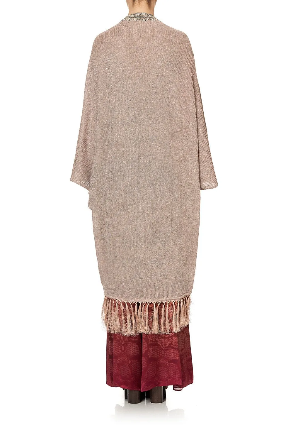 Metallic Knit Poncho W/ Tassels- Coastal Treasure