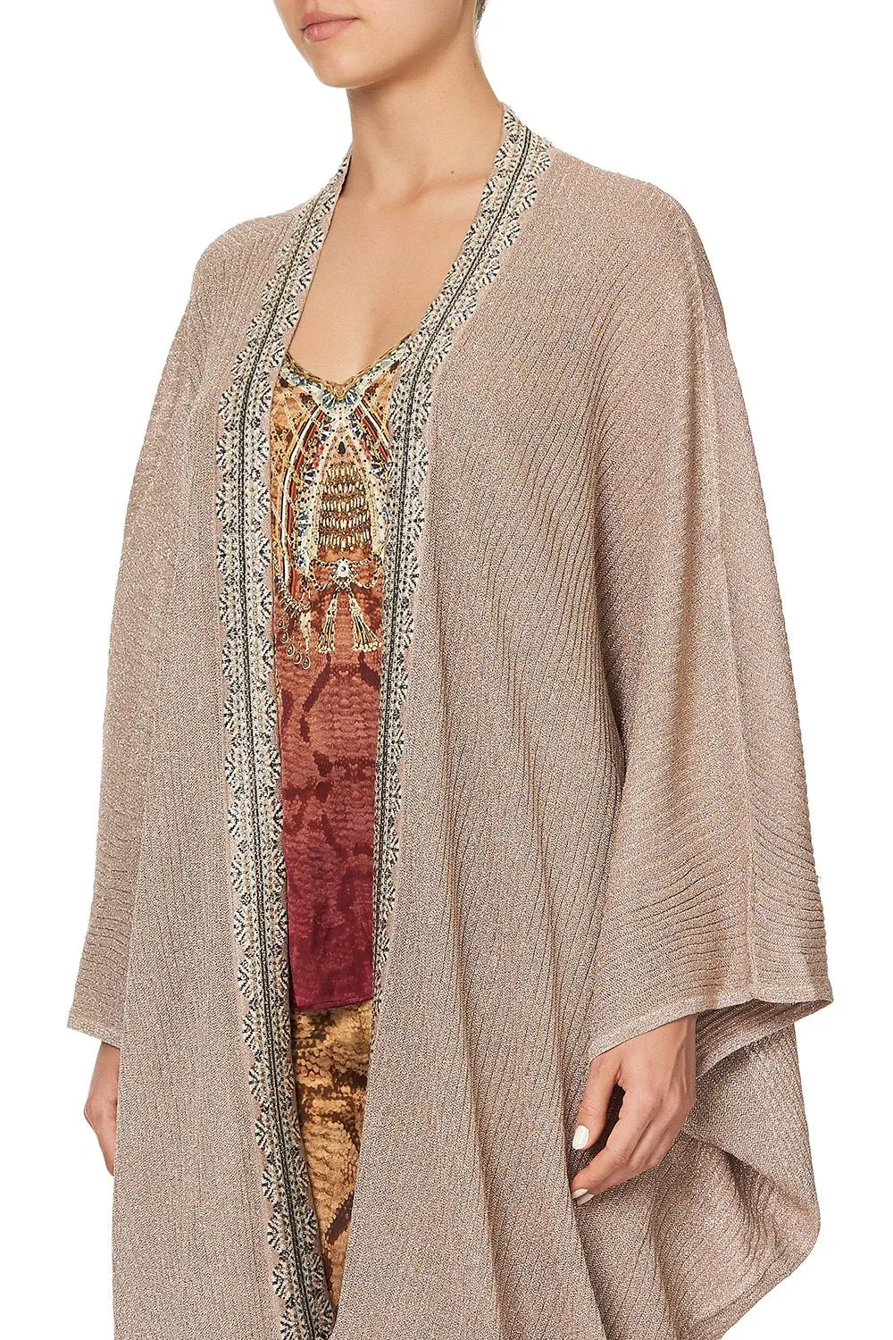 Metallic Knit Poncho W/ Tassels- Coastal Treasure