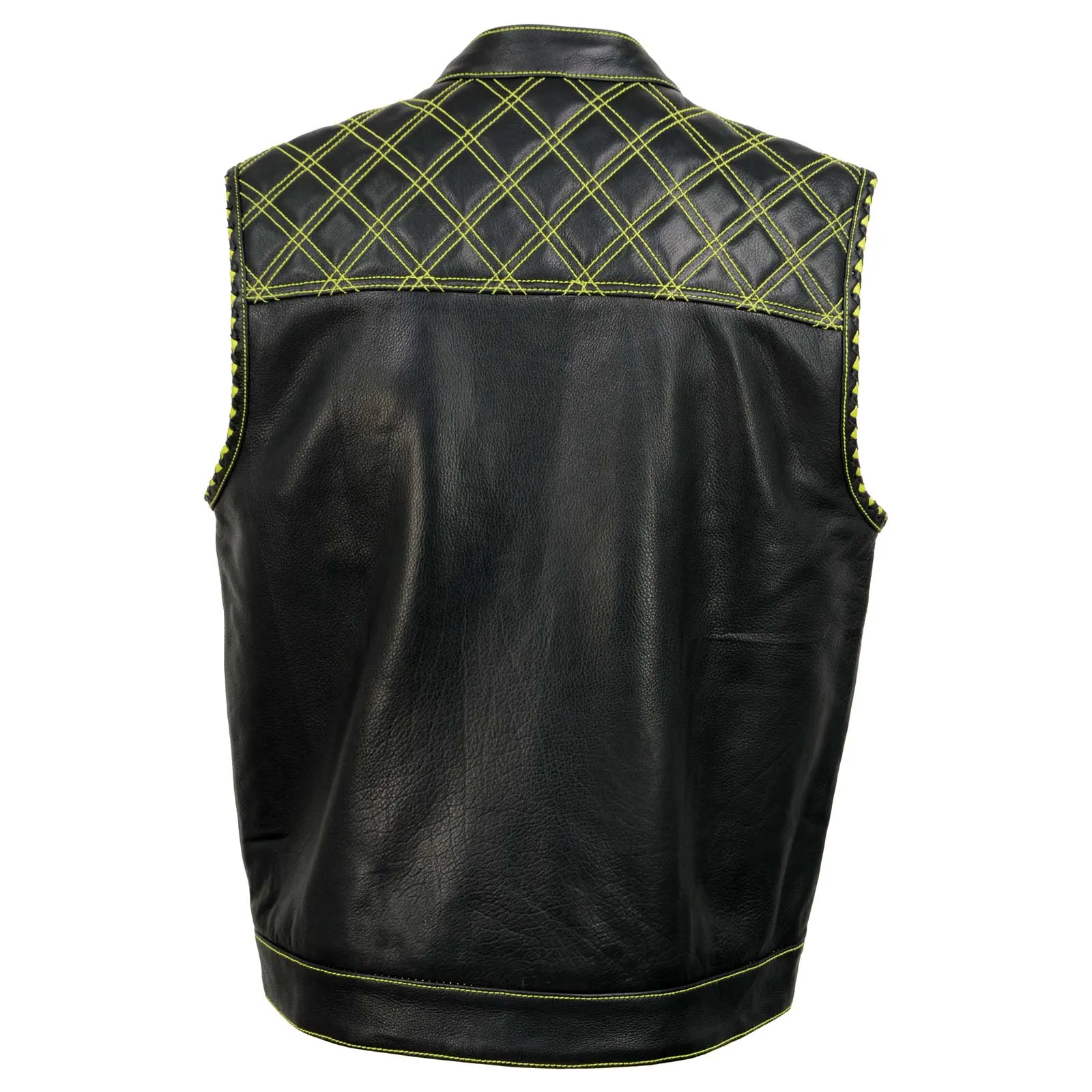 Milwaukee Leather MLM3528 Men's Black 'Paisley' Accented Neon Green Stitching Leather Vest w/Armhole Trim