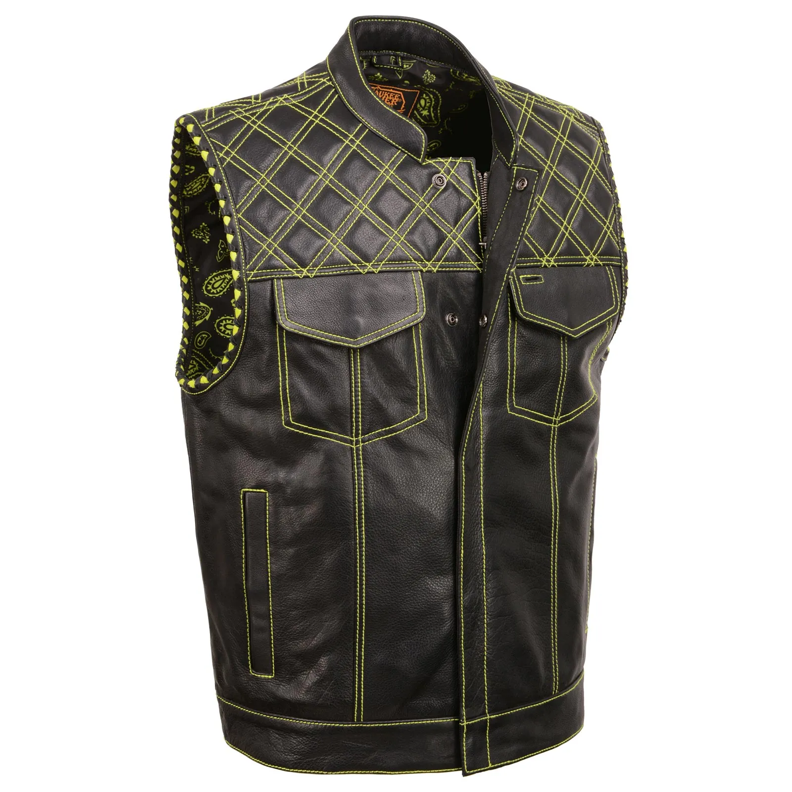 Milwaukee Leather MLM3528 Men's Black 'Paisley' Accented Neon Green Stitching Leather Vest w/Armhole Trim