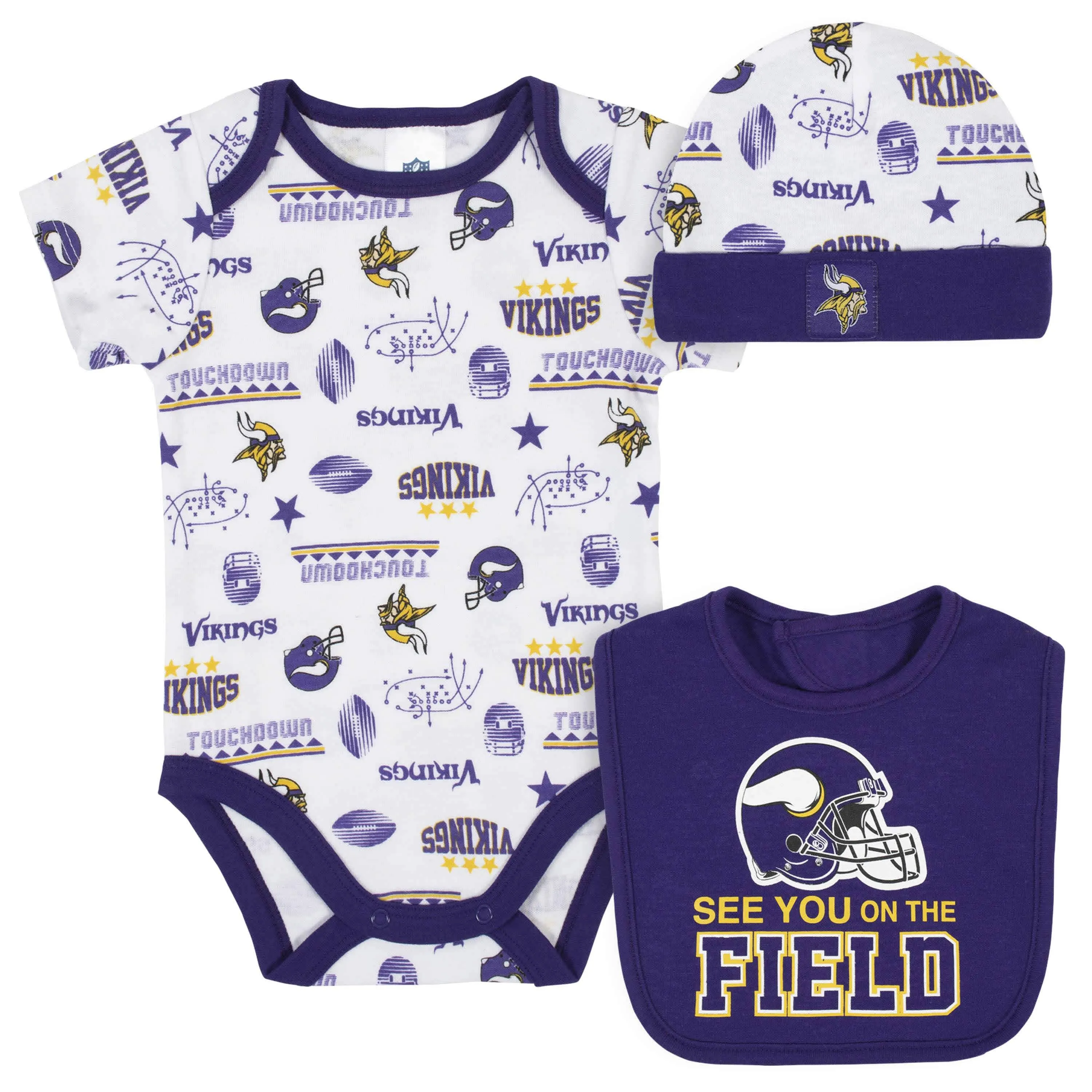 Minnesota Vikings 3-Piece Baby Boys Bodysuit, Bib, and Cap Set