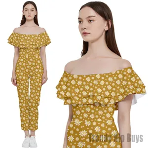 Mustard Yellow Jumpsuit, 70s Style Groovy Jumpsuit, Floral Boho Jumpsuit, Off Shoulder Jumpsuit, Retro Jumpsuit, Vintage Style Pants Overall