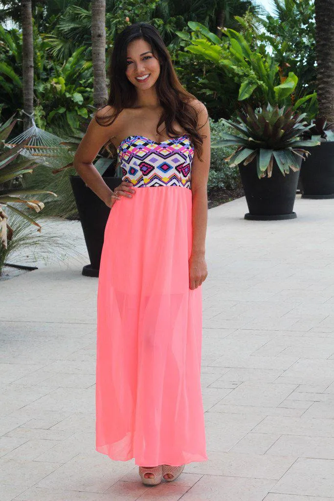 Neon Coral Maxi Dress With Aztec Top