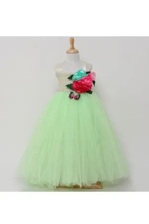 Neon green tutu gown with flowers on one side