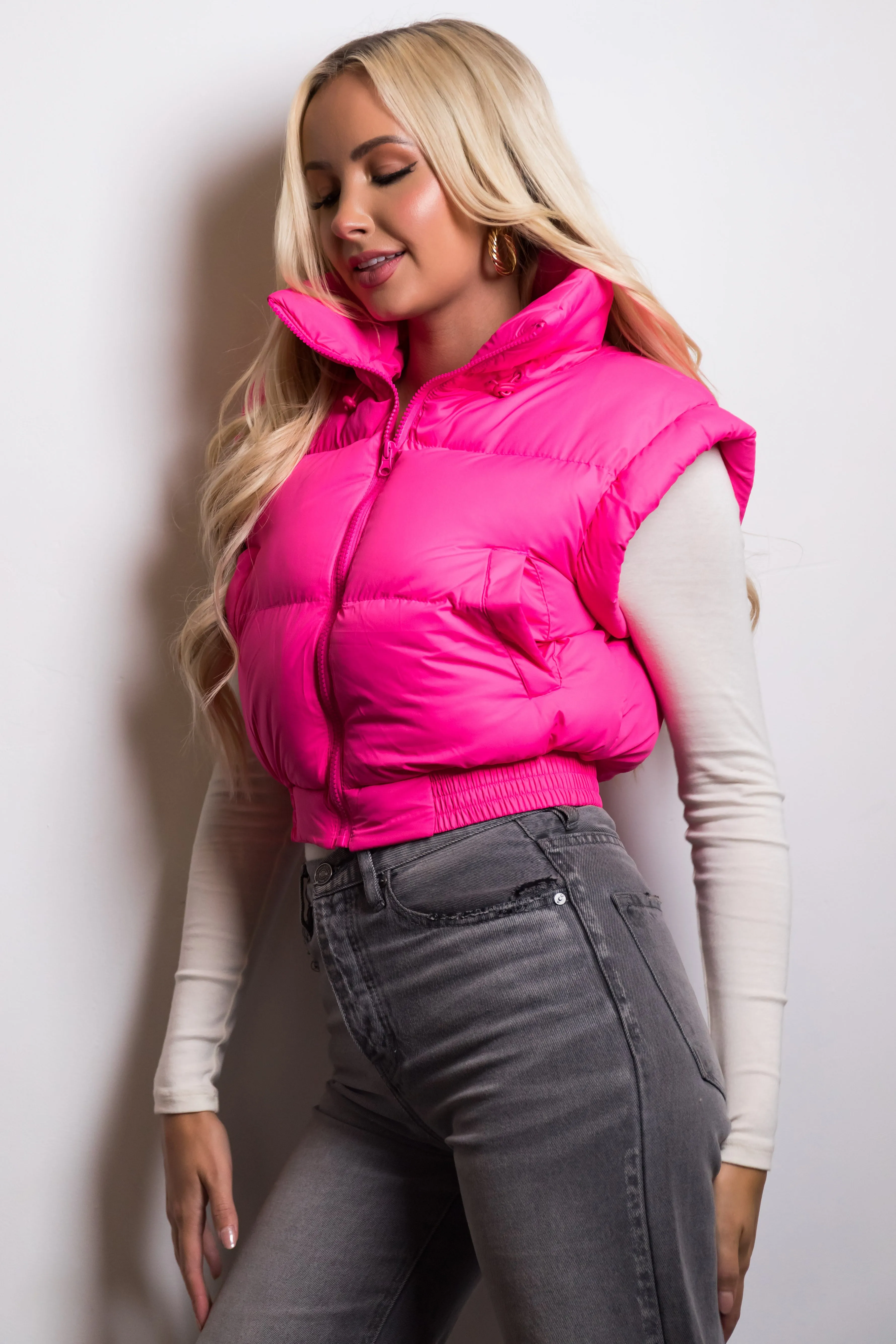 Neon Pink Elastic Hem Zip Up Puffer Vest