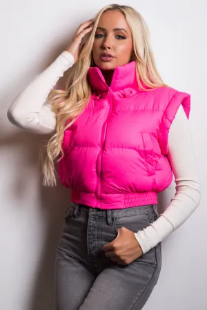 Neon Pink Elastic Hem Zip Up Puffer Vest