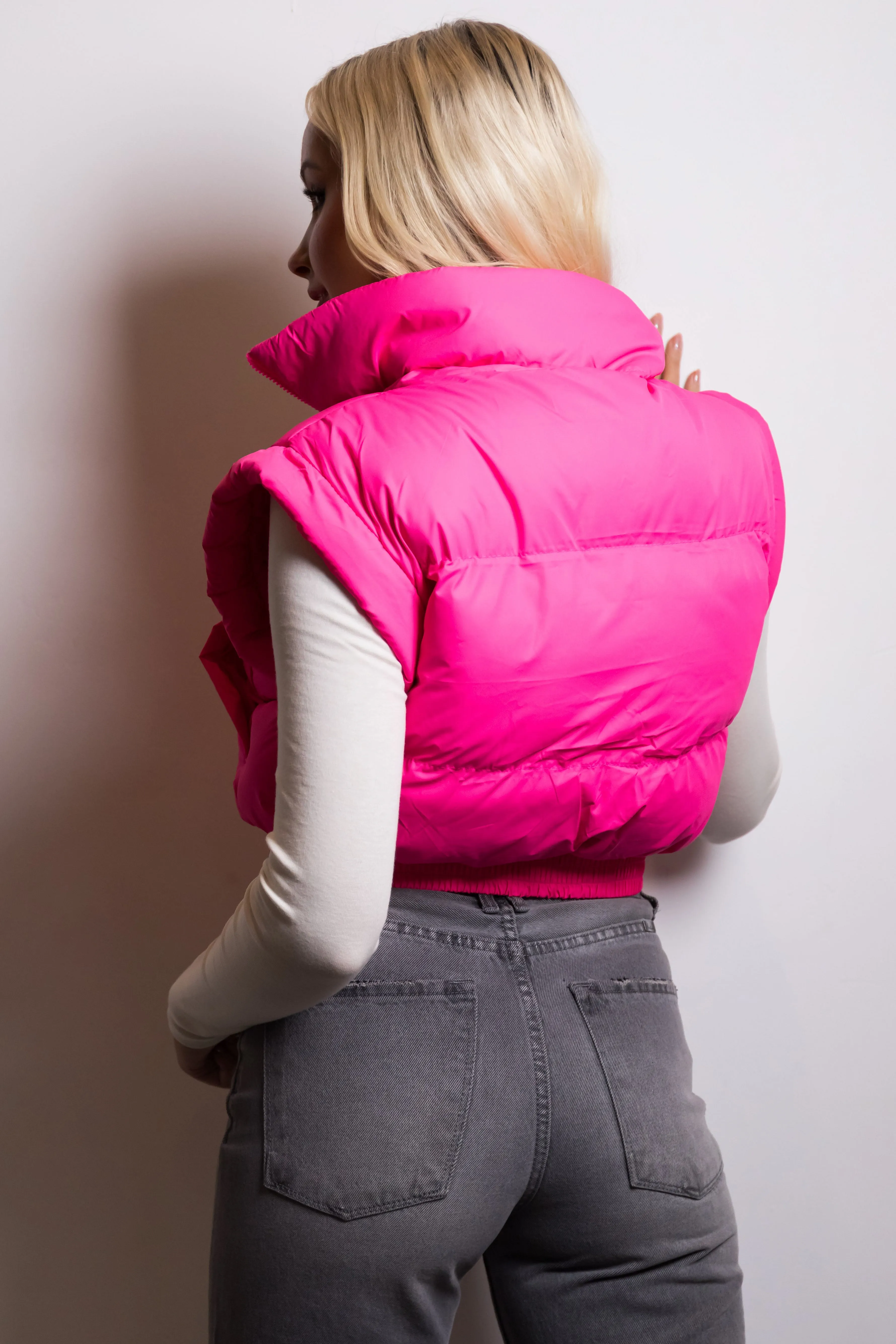 Neon Pink Elastic Hem Zip Up Puffer Vest