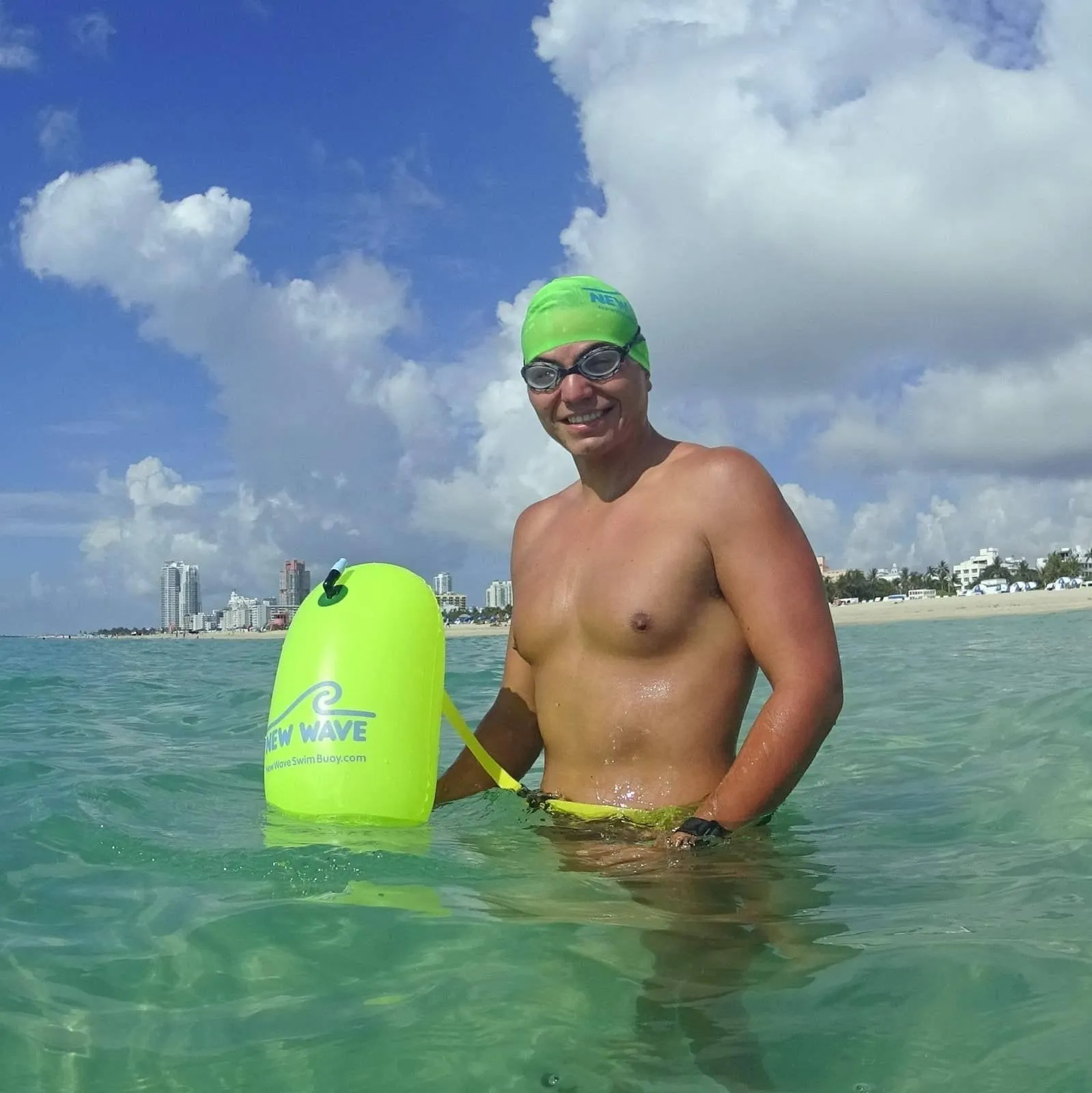 New Wave Swim Bubble for Open Water Swimmers and Triathletes - Fluo Green Triathlon Swim Buoy (No Drybag)