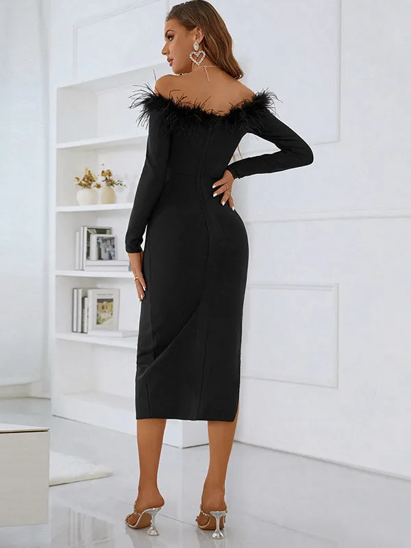 Nvuvu Baby Be Mine Black Off-the-Shoulder Feather Bodycon Dress