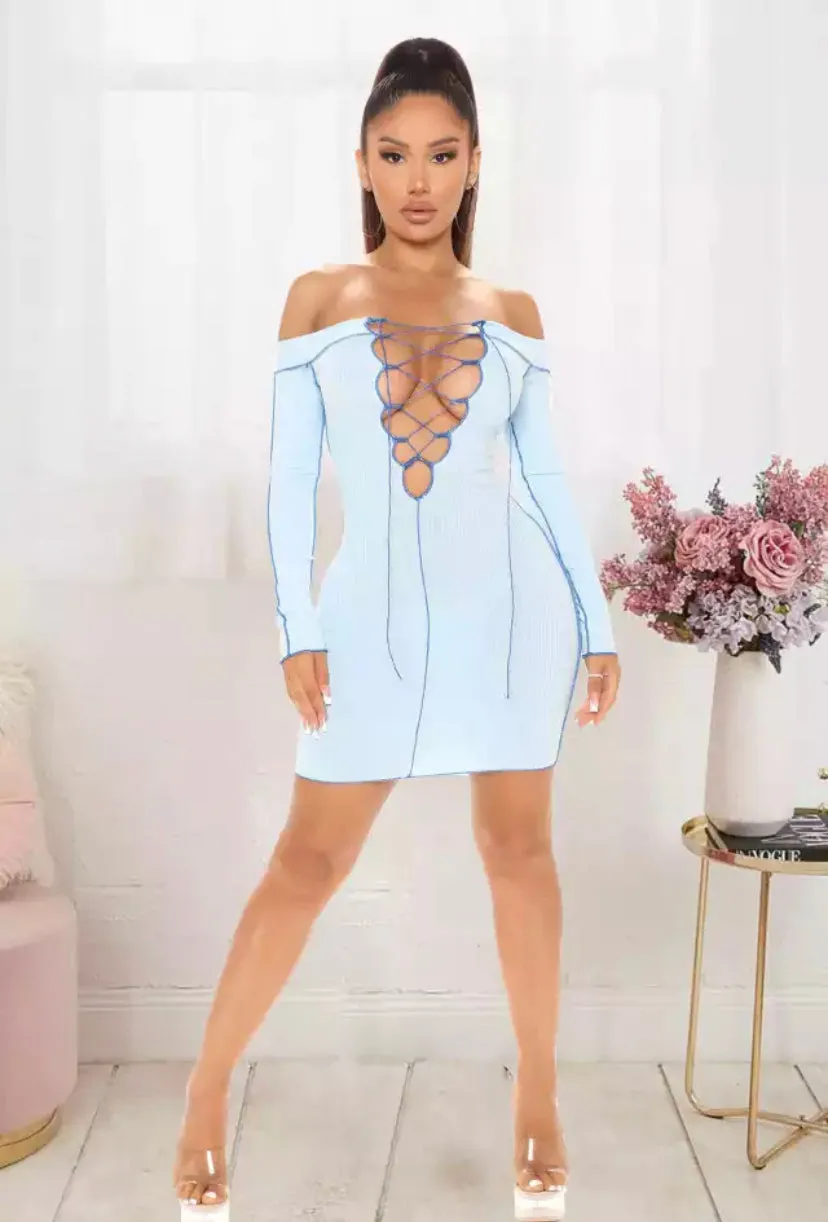 Off-Shoulder Long Sleeve Tie Up Front Dress