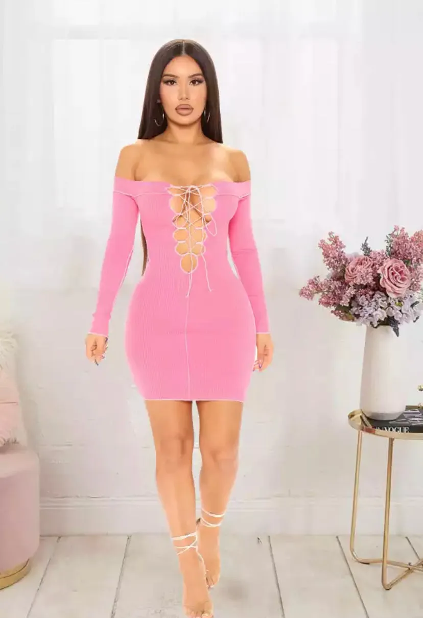 Off-Shoulder Long Sleeve Tie Up Front Dress