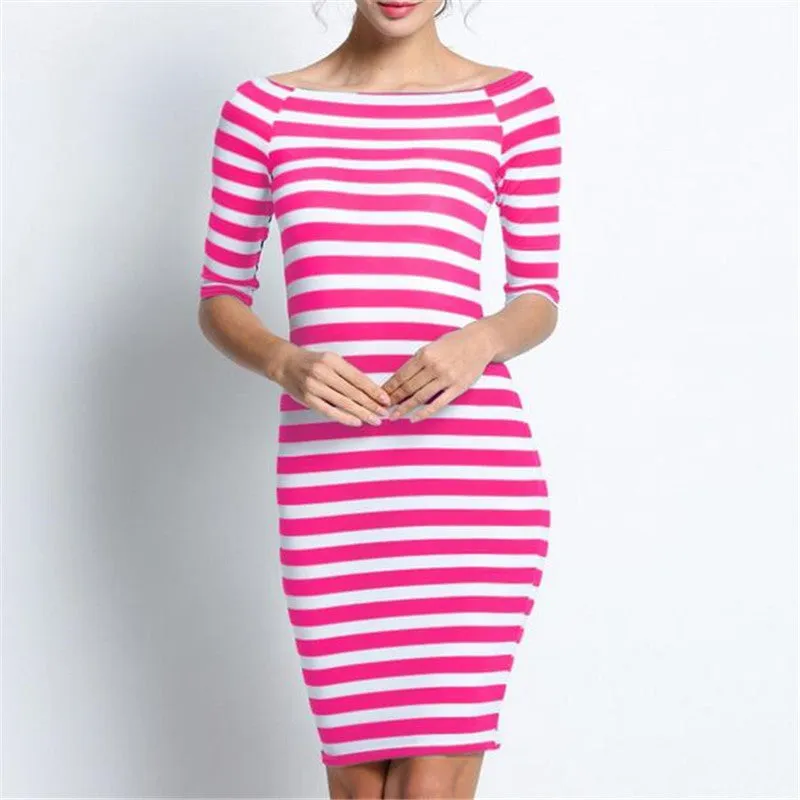 Off Shoulder Striped Midi Bodycon Dress