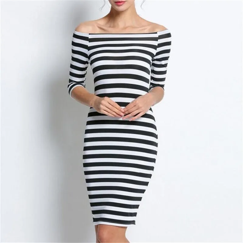 Off Shoulder Striped Midi Bodycon Dress