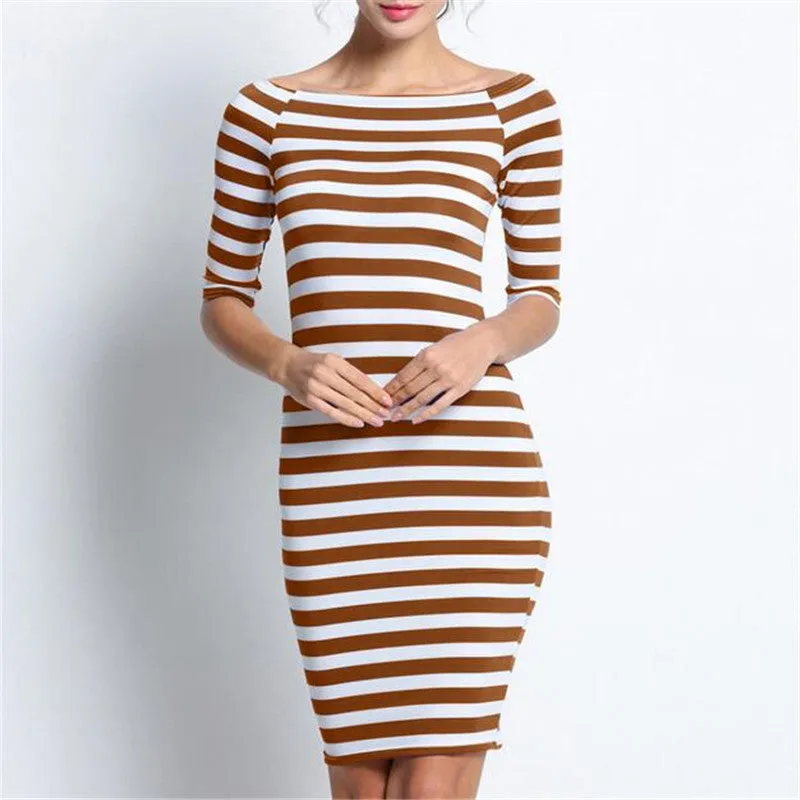 Off Shoulder Striped Midi Bodycon Dress