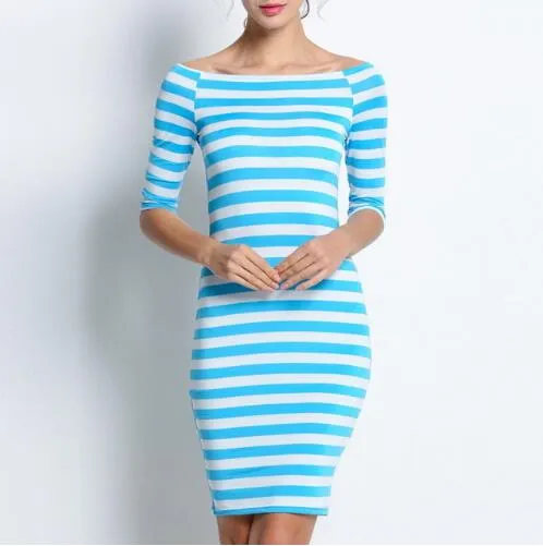 Off Shoulder Striped Midi Bodycon Dress