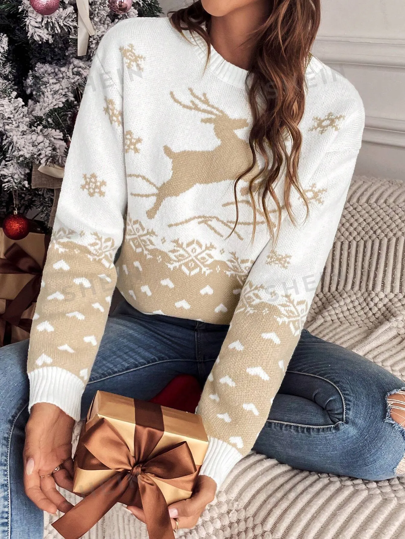 Off shoulder sweater dress|SHEIN Frenchy Christmas Pattern Drop Shoulder Sweater