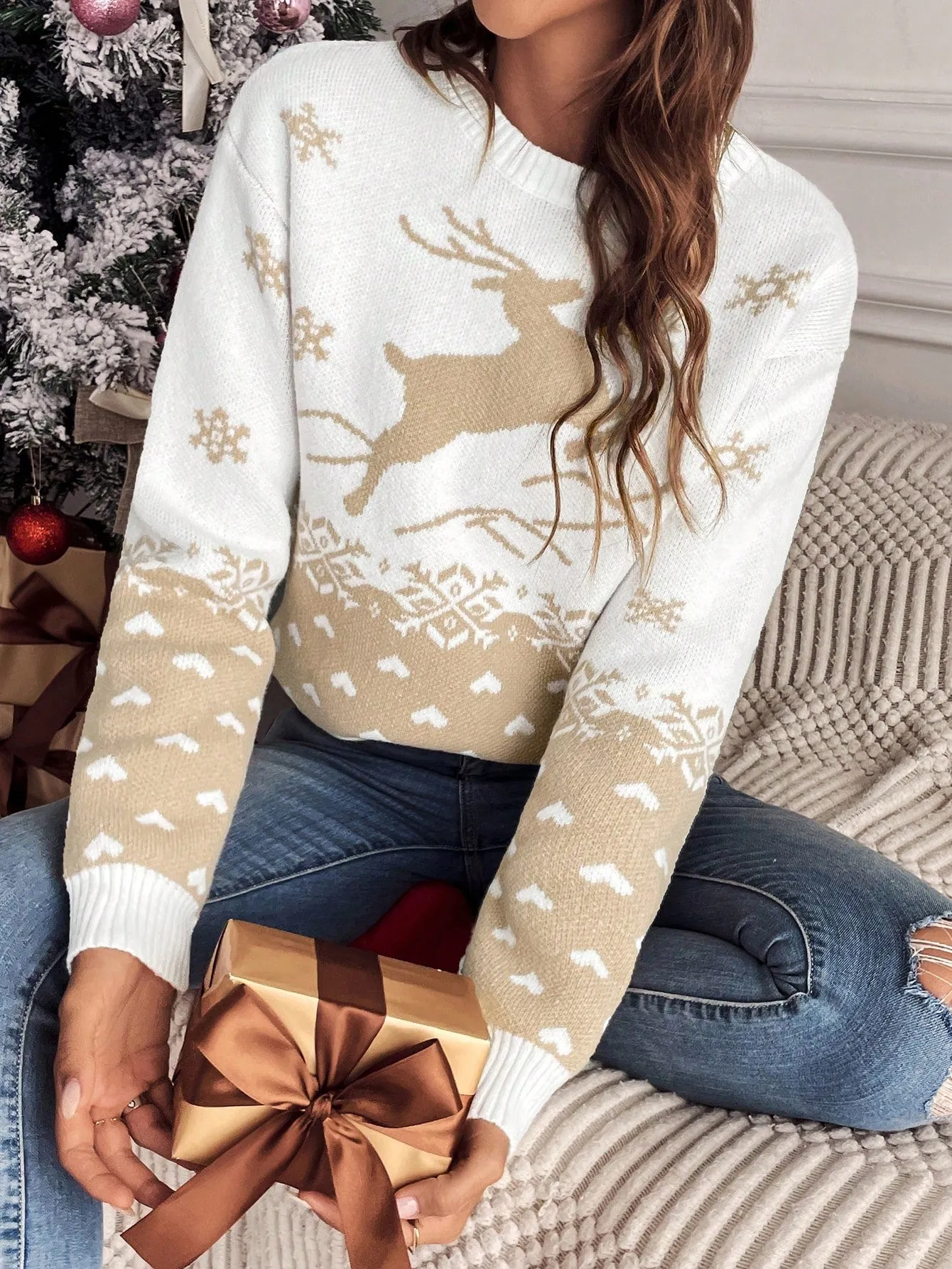 Off shoulder sweater dress|SHEIN Frenchy Christmas Pattern Drop Shoulder Sweater