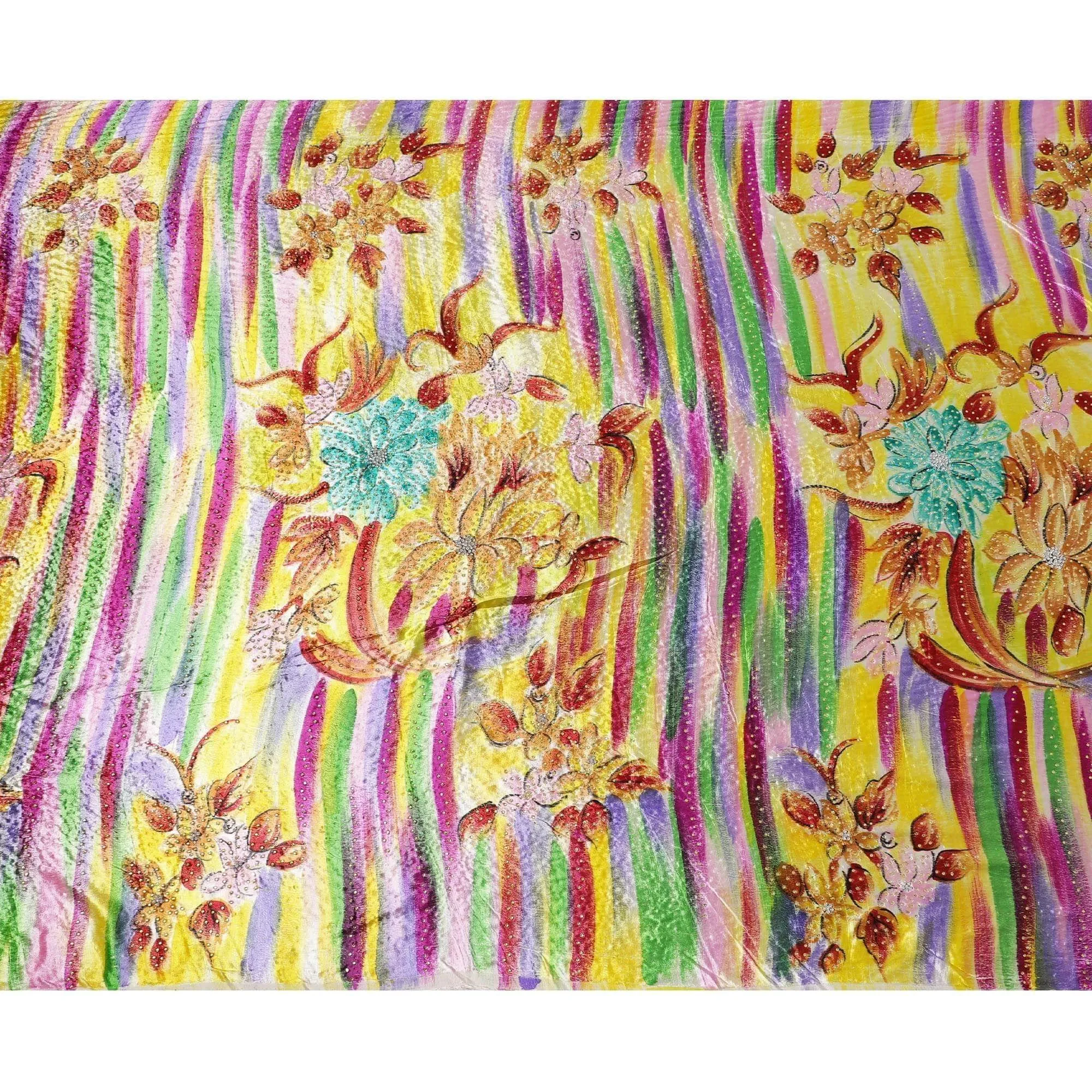 Pear green to bumblebee yellow Rayon velvet fabric with multicolor strokes and stones in floral design