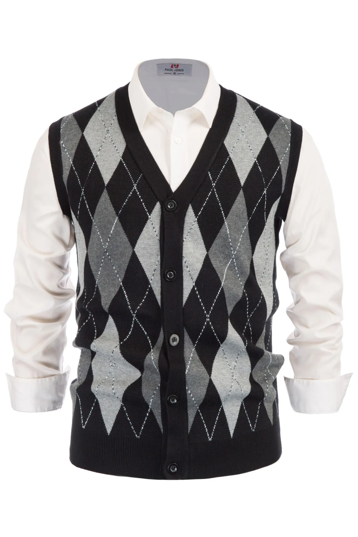 Pj Paul Jones Men Sleeveless Sweater Vest Contrast Color Diamond Pattern Button Placket