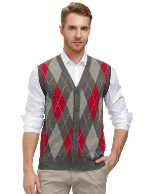 Pj Paul Jones Men Sleeveless Sweater Vest Contrast Color Diamond Pattern Button Placket