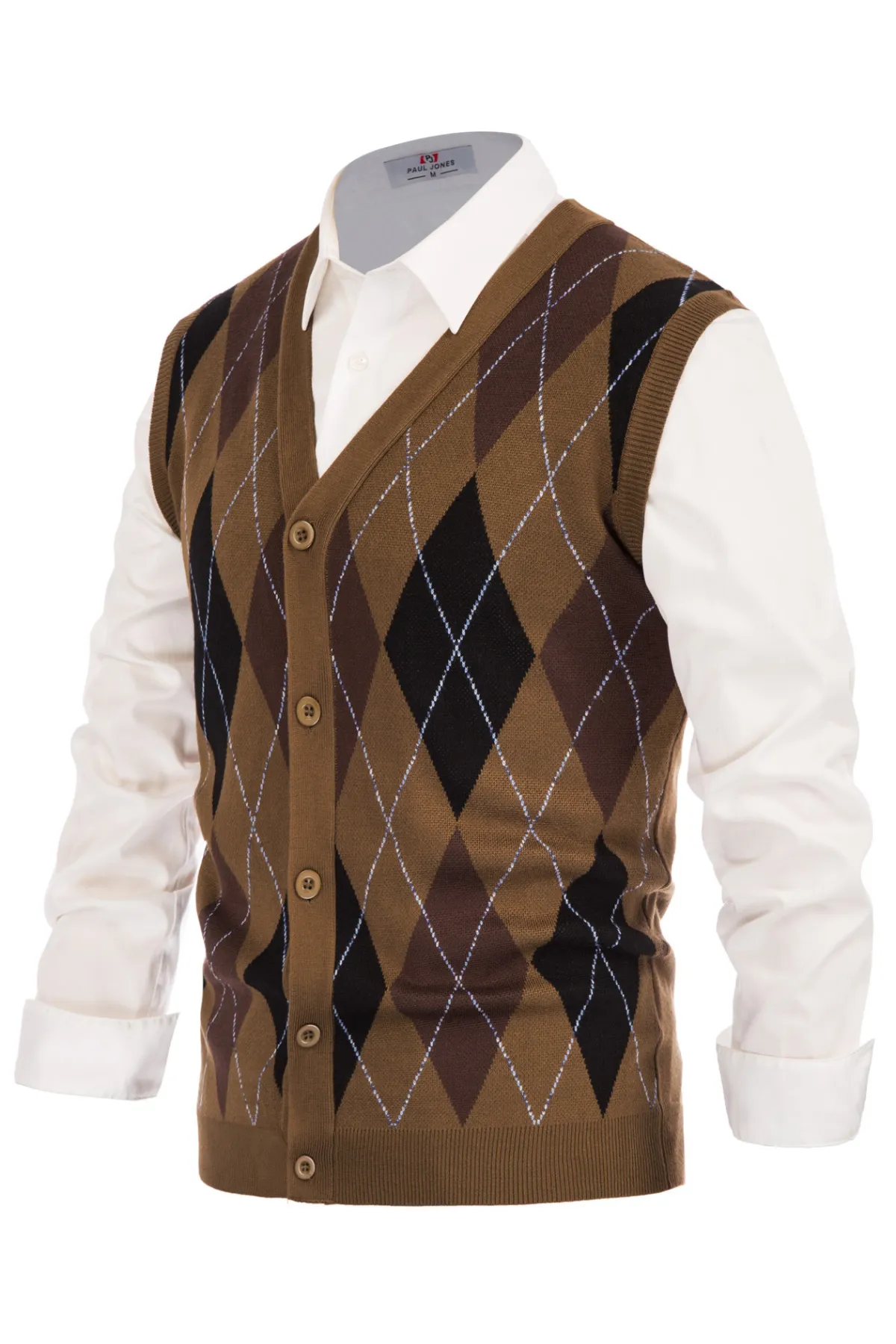 Pj Paul Jones Men Sleeveless Sweater Vest Contrast Color Diamond Pattern Button Placket