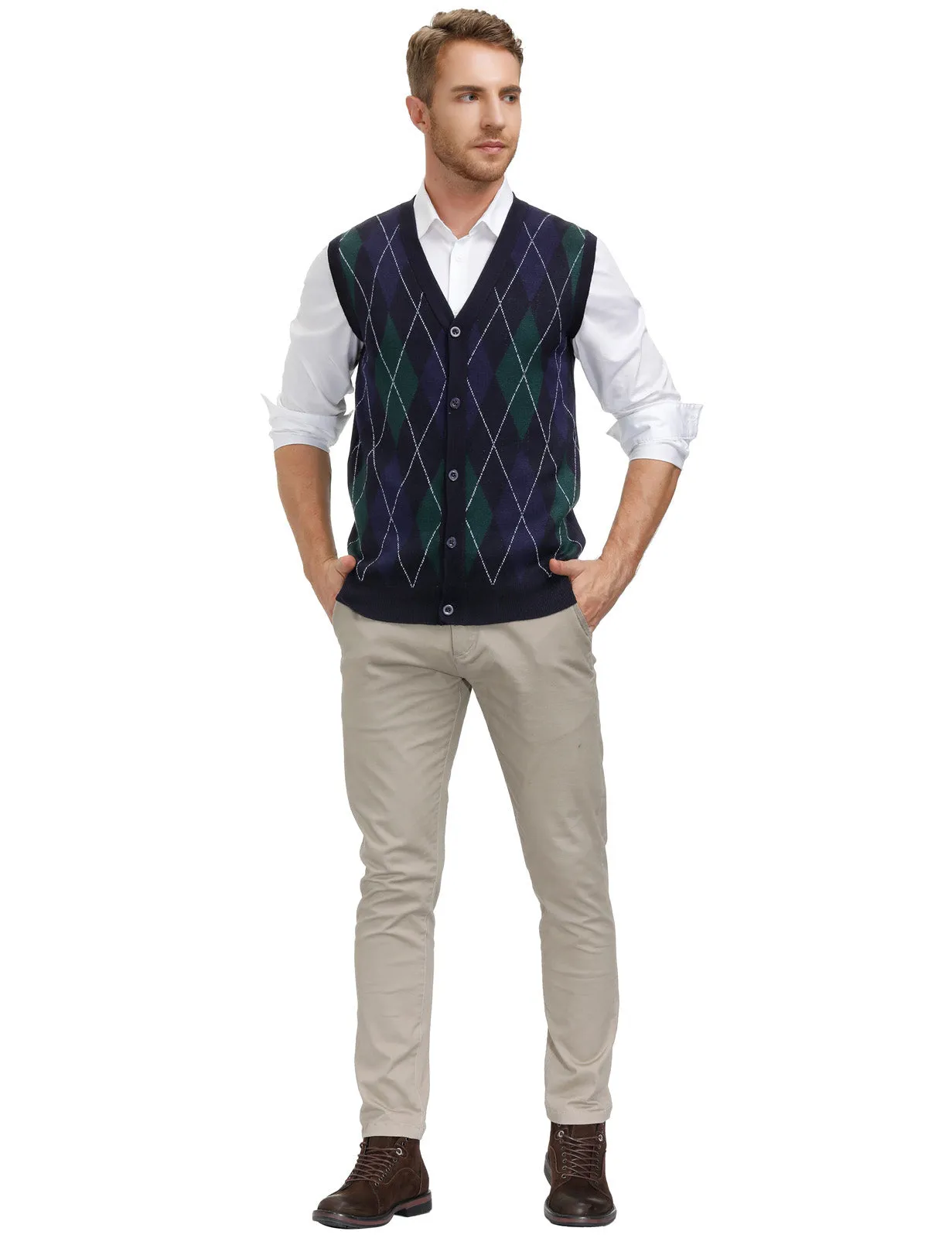 Pj Paul Jones Men Sleeveless Sweater Vest Contrast Color Diamond Pattern Button Placket