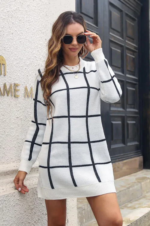 Plaid Round Neck Sweater Dress