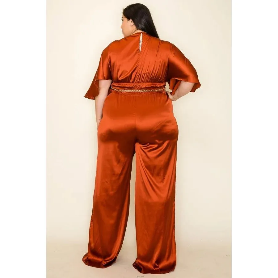 Plus-size Satin Wrap Front Short Sleeve Smocked Waist Jumpsuit