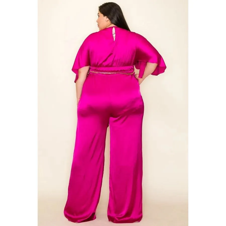 Plus-size Satin Wrap Front Short Sleeve Smocked Waist Jumpsuit