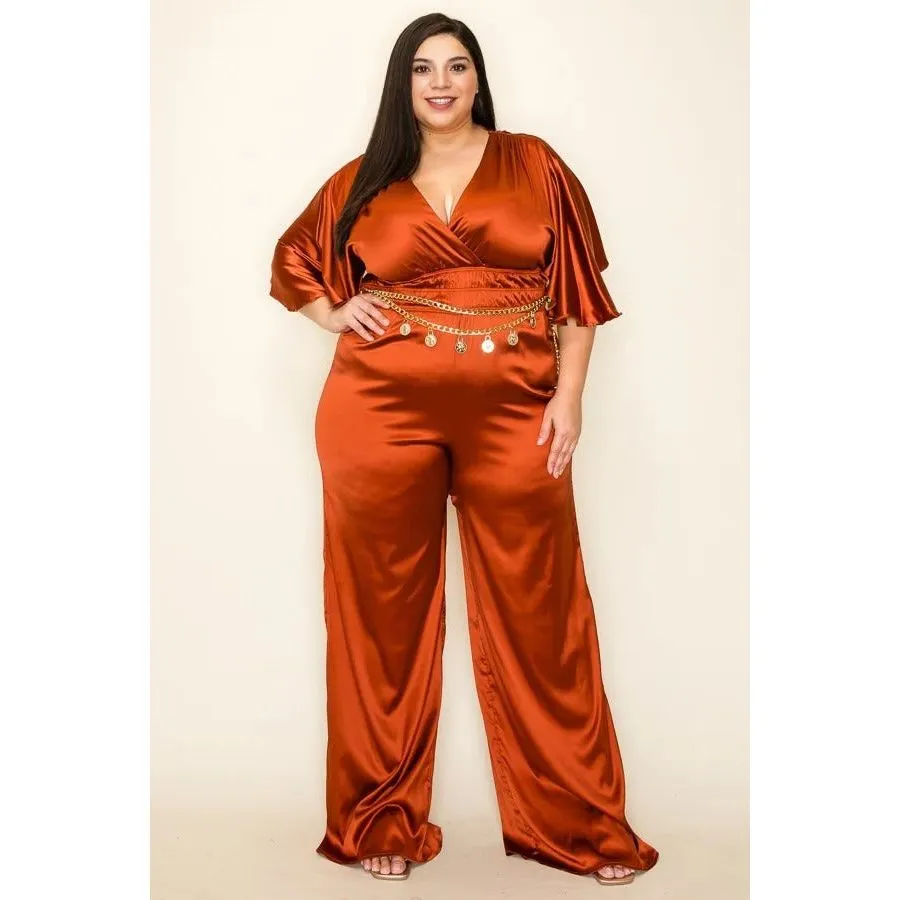 Plus-size Satin Wrap Front Short Sleeve Smocked Waist Jumpsuit