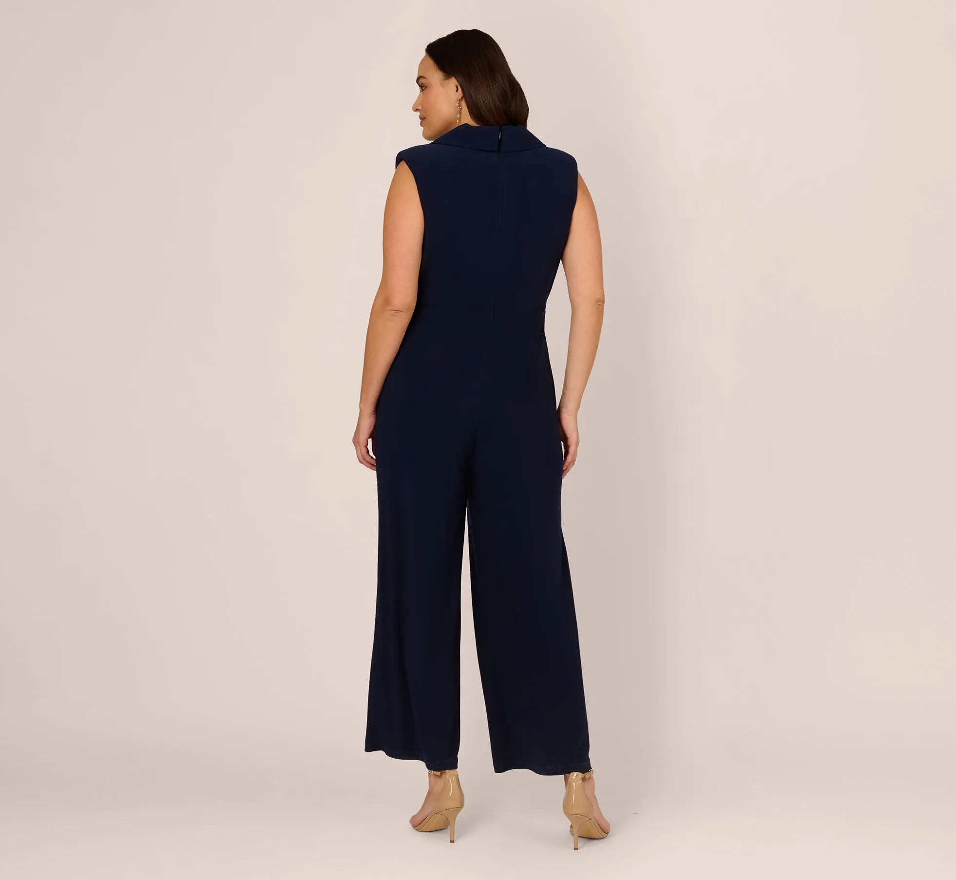 Plus Size Sleeveless Jersey Wide Leg Jumpsuit With Shawl Neckline In Midnight