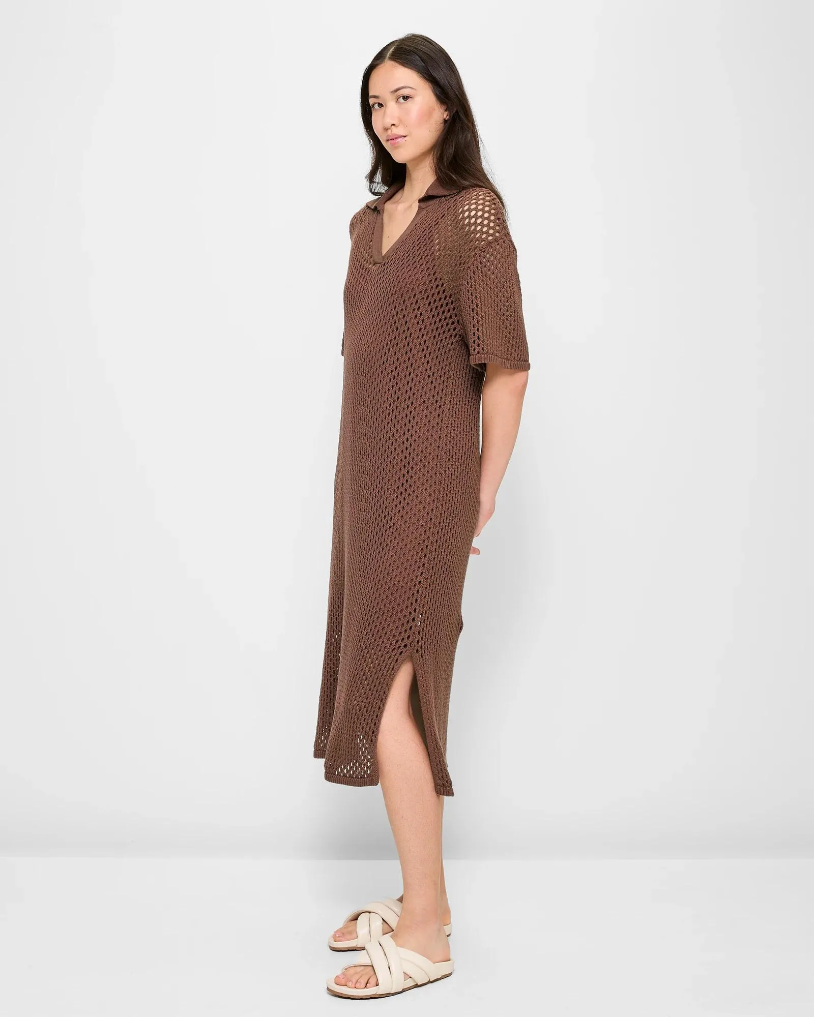 popular  Crochet Knit Polo Midi Dress