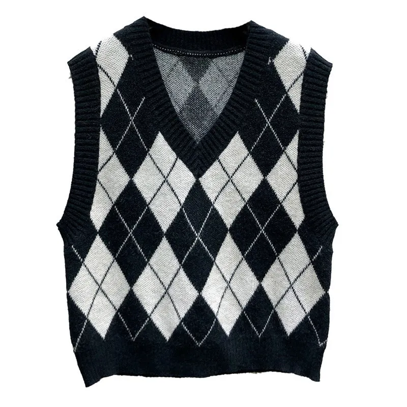 Preppy Aesthetic Sweater Plaid Pullover Vest Knitted Sweater