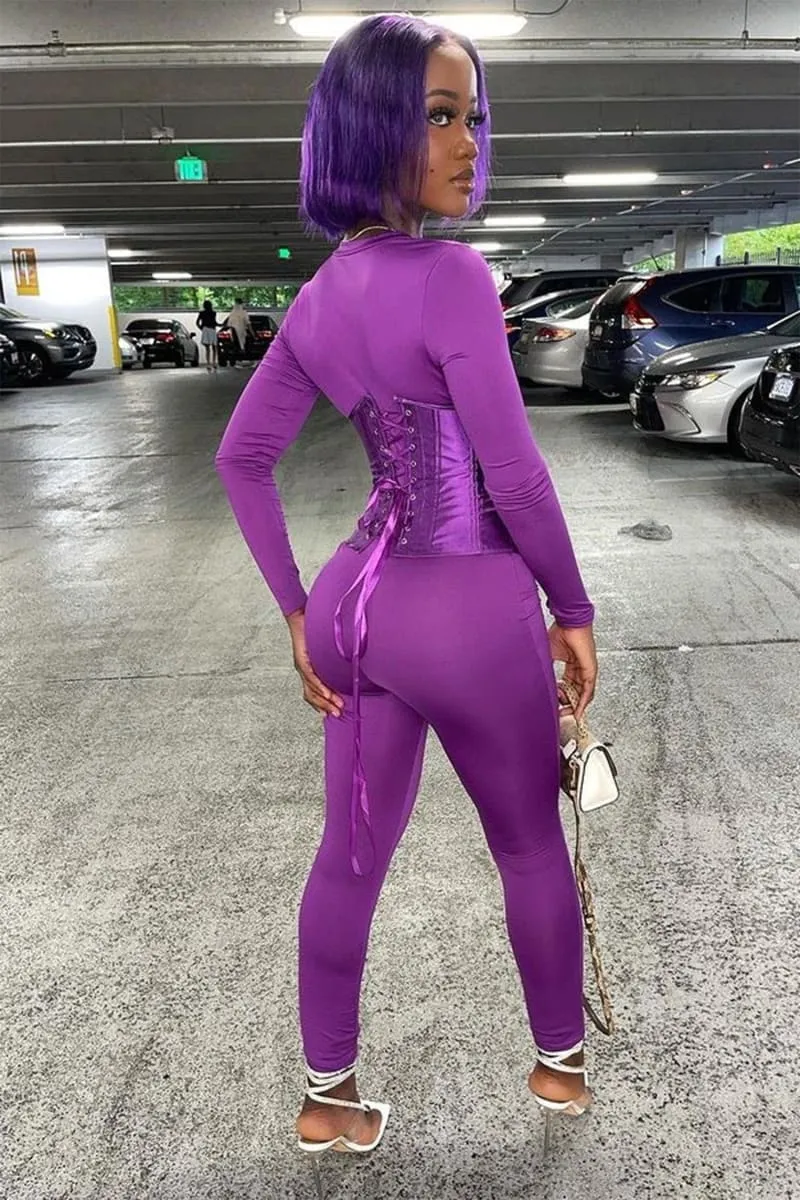 Purple Long Sleeve Corset Jumpsuit