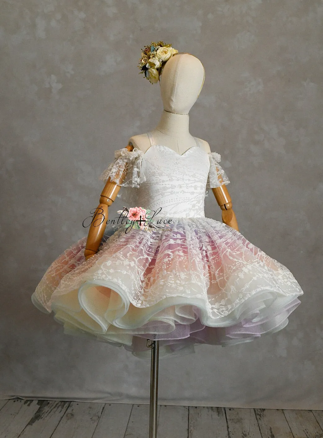 "Unicorns & Rainbows" - off shoulder lace-  Petal Short Length Dress ( 7 Year - Petite 8 Year)