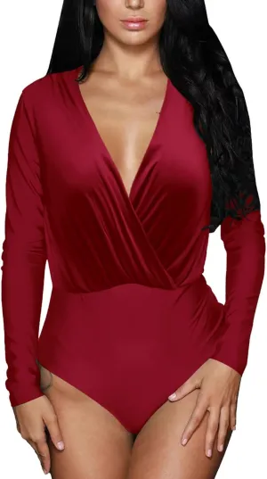 Red Wine Knit V Neck Long Sleeve Bodysuit