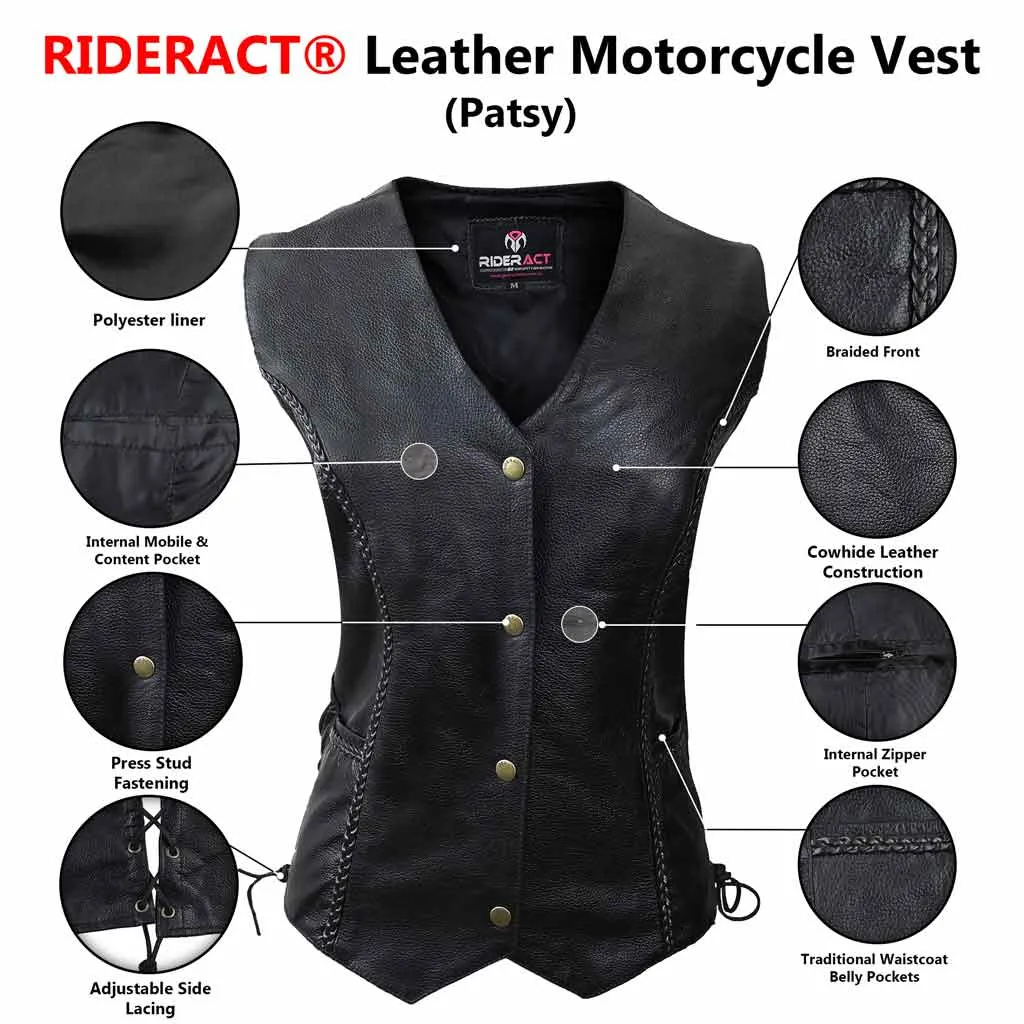 RIDERACT® Women Leather Motorcycle Vest Patsy Adjustable