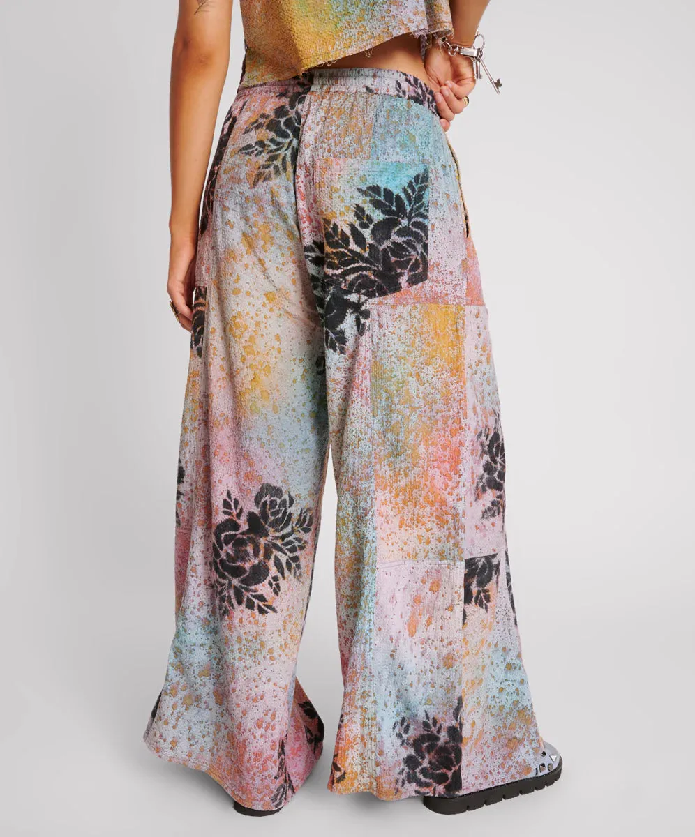 ROSE TATTOO HAND PAINTED FLORAL PALAZZO PANTS