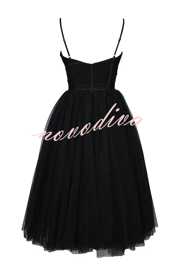 Royal Treatment Tulle Bows Detail Ruched Slip Midi Dress