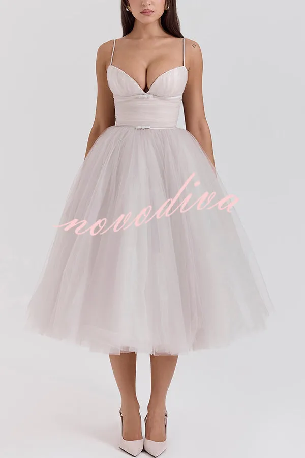 Royal Treatment Tulle Bows Detail Ruched Slip Midi Dress